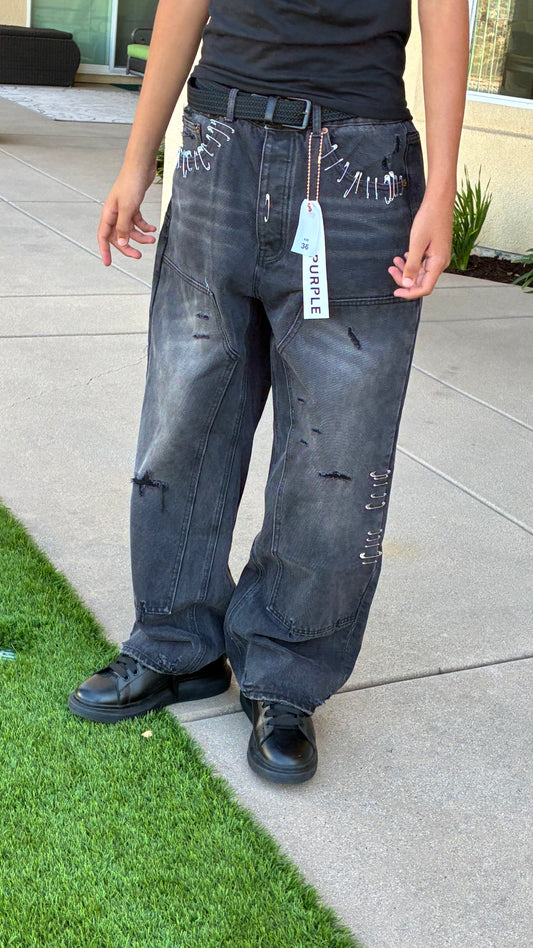BLACK BAGGY DISTRESSED PURPLE JEANS