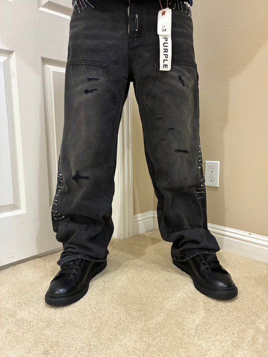 BLACK BAGGY DISTRESSED PURPLE JEANS
